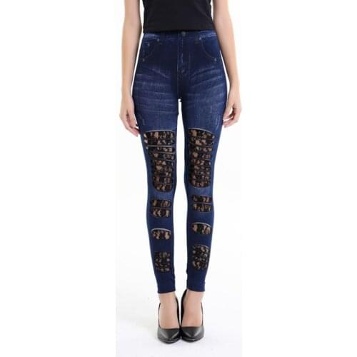 2020 street new patchwork fake jeans leggings gothic floral lace and fabric ripped denim leggings casual slim hole pants