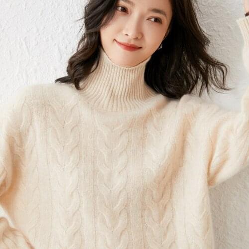 2021 Autumn Winter New Large Size 100%Pure Wool Warm Top Womens Thick High-Neck Twist Cashmere Sweater Loose Knitted Base Shirt