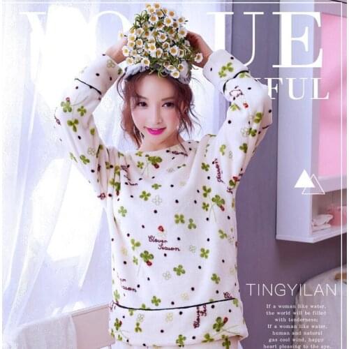 Pajamas Women Winter Thickened Flannel Nightgown Suit Girls Cute Home Wear Long Sleeve Coral Fleece Round Neck Sleepwear H5637