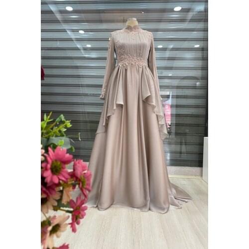 Khaki Long Sleeve Muslim Prom Dress High Neckline A Line Saudi Arabic Appliques Evening Formal Party Gowns платье Robe De Soiree