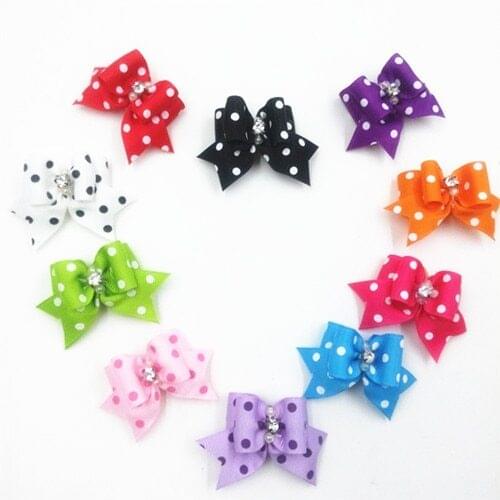 Cute rubber band dog hair bows 20/50/100pcs dot dog hair accessories pet hair bows puppy hair bows 10colors with rhinestone