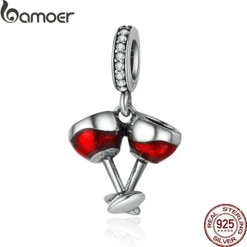 BAMOER Valentine Day Gift 925 Sterling Silver Cheers for Love Couple Beer Pendant Charm Fit Charm Bracelet DIY Jewelry SCC478