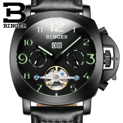 Switzerland Luxury Mens Watch BINGER Brand Skeleton Mechanical Wristwatches Multifunctional Military Stop Mele Clock B1169-4