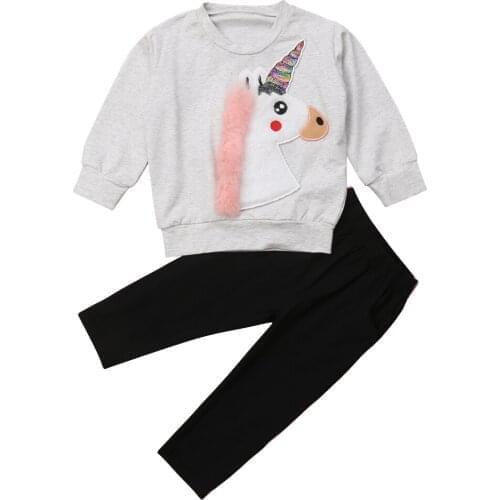 Citgeett Spring Kids Baby Girls Unicorn Sweatshirt Tops+Casual Black Pants 2pcs Outfits Set Fashion Autumn Clothes
