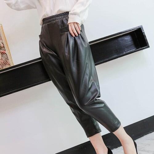 2020 Loose Harem Real Pants Women Fashion Black Sheepskin Genuine Leather Ladies Ankle Length Trousers Female Streetwear