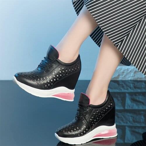 Lace Up Platform Pumps Shoes Women Genuine Leather Wedges High Heel Ankle Boots Female Round Toe Fashion Sneakers Casual Shoes