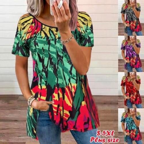 Tie Dye Print Short Sleeve Women T Shirt Oversize Summer Loose Casual Top Tee Female O-Neck Floral Plus Size Tshirt Pullovers