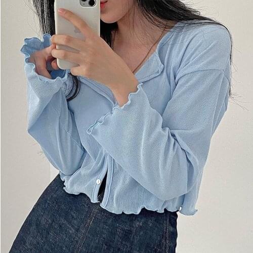 Womens T-Shirt Fashion New Casual Ribbed Knitted Tshirts Top Solid Color Wood Ear Long Sleeve Cardigan Button Down Loose Tops