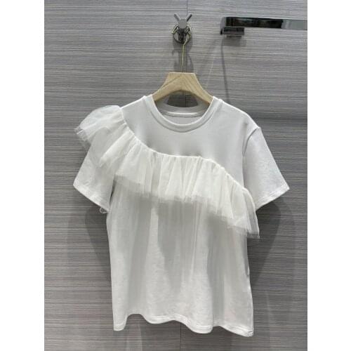 Women 2021 fashion new short-sleeved retro mesh ruffled T-shirt 0324