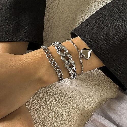 Punk Cuban Link Thick Chain Heart Charm Bracelets for Women Vintage Multilayer Geometric Chains Bracelet Jewelry Pulseras Gift
