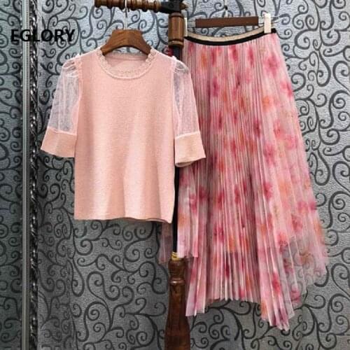 2020 Spring Fashion Sweater Sets Women Sexy Tulle Mesh Patchwork Knitted Pullovers+Sweet Floral Print Pink Long Skirt Sets 2 pc