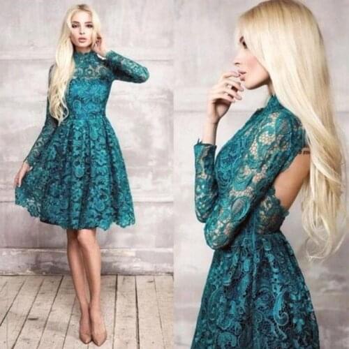 New Arrival Lovely Teal Blue Lace Prom Party Dresses Short High Collar Cut Out Back Long Sleeve Wedding Guest Gowns Knee Length