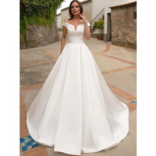 Custom Made Boat Neck Satin Bow Button Back Wedding Dress for Women Elegant Off the Shoulder Chapel Train Bridal Ball Gown