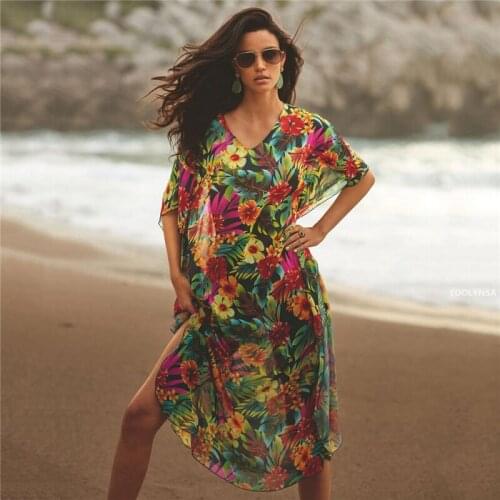 2021 Sexy See Through Bikini Cover-ups Chiffon Tunic Long Women Summer Wrap Dress Beach Wear Swimsuit Cover Up Q1288