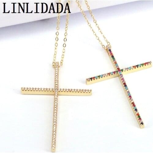8Pcs Gold Color Crystal Slim Cross Pendants Fashion Charms Necklace Clear Colorful CZ Micro Pave Jewelry