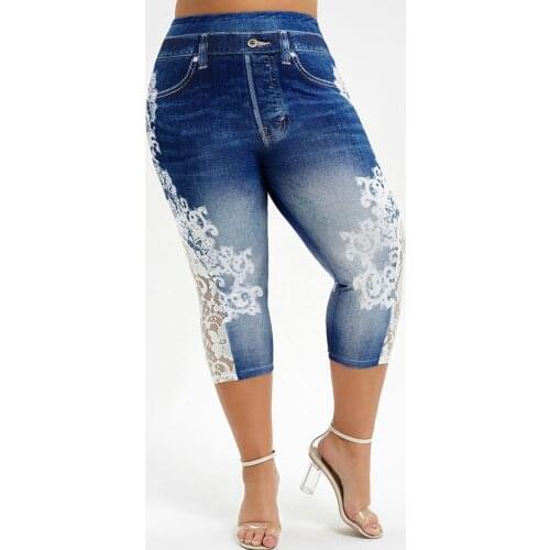 White Lace Stitching Women Calf-Length Pants Plus Size 4XL 5XL Skinny High Waist Casual Elastic Imitation Cowboy Leggings Pants