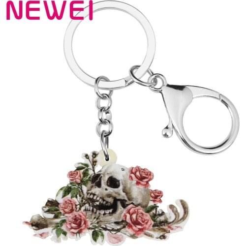 NEWEI Acrylic Halloween Flower Skull Keychains Charm Skeleton Key Ring Jewelry For Women Girls Kid Charm Gift Wallet Accessories