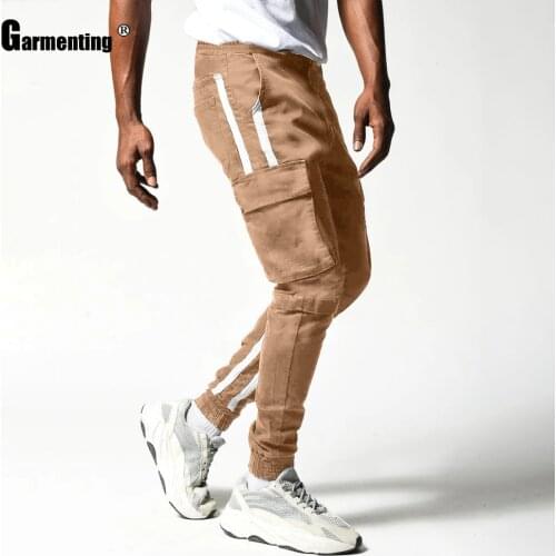 Sexy Men Clothing Skinny Pants Streetwear 2021 Summer New Patchwork Stripe Multi-pocket Bottom Khaki Lace-up Mens Pencil Trouser