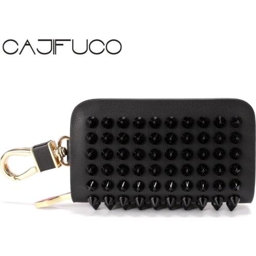 CAJIFUCO Black Stud Key Wallet Men Fashion Car Key Holder Women Genuine Leather Coin Purse Rivet Key Wallet Holder Housekeeper