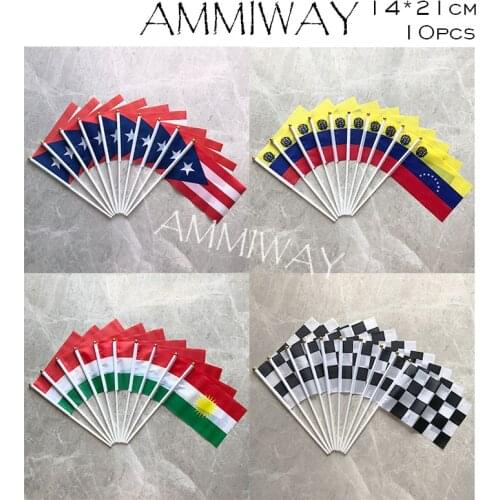 AMMIWAY 14x21cm 10pcs Puerto Rico Venezuela National World Hand Held Small Flag with Pole Kurdish F1 Racing Karierten Stick Flag