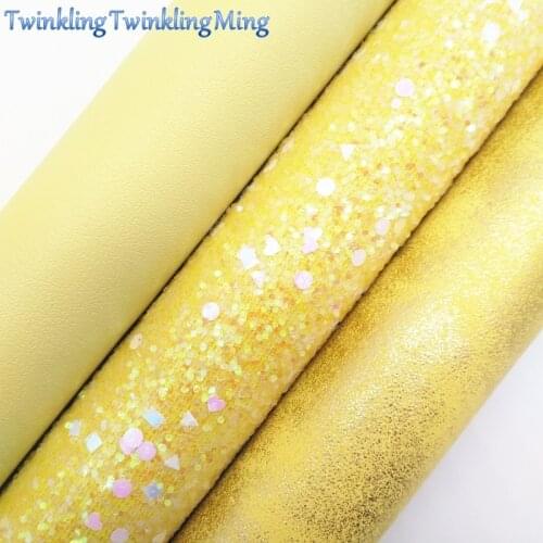 YELLOW Glitter Fabric, Metallic Faux Leather Fabric, Synthetic Leather Fabric Sheets For Bow A4 8"x11" Twinkling Ming XM332