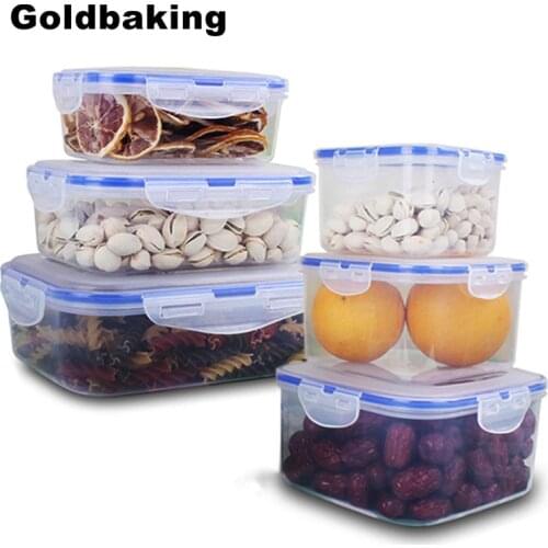 Goldbaking 3 Pieces Plastic Food Container Rectangle Storage Box Leak Proof Square Lunch Box Kitchen Microwave Containers