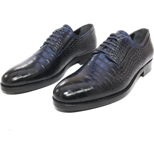 Handmade Croco Derby Shoes with Dark Blue Crocodile Skin Patterned Calf Leather, Premium Microlight Soles, New Spring 2021