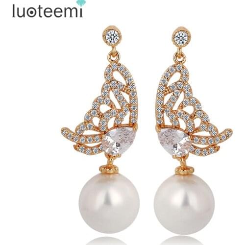 LUOTEEMI Jewelry Luxury Champagne Gold-Color AAA Cubic Zirconia Paved Butterfly Imitation Pearl Dangle Earrings For Women
