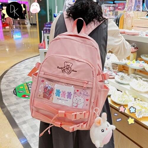Girls Cute Ita Bag Female Embroidery Bear Student School Bag Ladies Japanese Kawaii Backpack JK College Style Backpack for Women