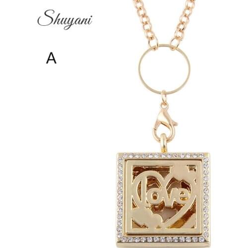 Fashion Jewelry Rhinestone Square Love Heart Perfume Diffuser Essential Oil Aromatherapy Locket Necklace Pendant