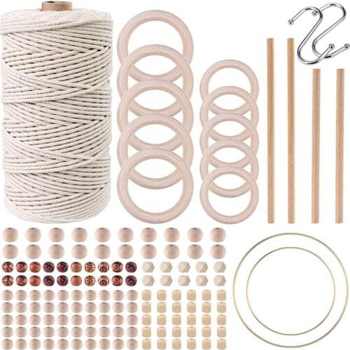 Macrame Cord Kits,Cotton Macrame Cord Rope Wood Beads Wood Rings Metal Ring Macrame Supplies Kit for Plant Hangers