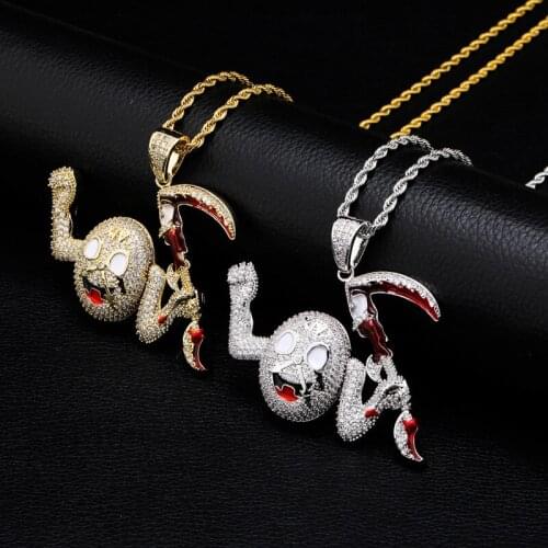 New Cartoon ReaperS Scythe Pendant Pave Cubic Zircon Necklace Fashion Hip Hop Ghost Jewelry For Men Halloween Christmas Gift
