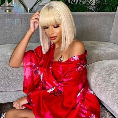 Short Blonde Full Machine Made Wigs With Bangs 613 Color Peruvian Remy Straight Machine Made Wigs For Women Human Hair Bob Wigs