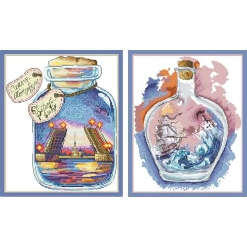 Landscape In The Bottle Counted Cross Stitch Patterns Kits Printed Canvas Embroidery Sets 11CT 14CT All For Needlework Paintings