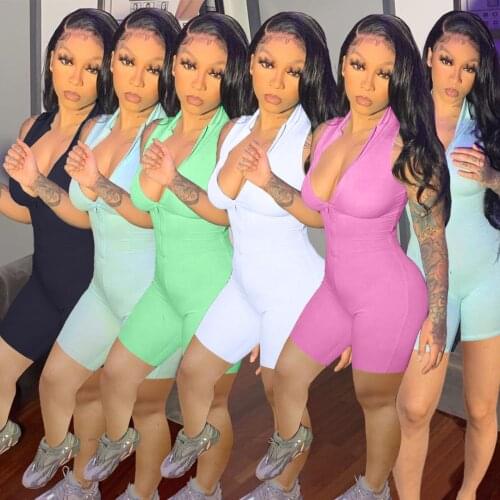 Casual Knitted Rib Sportswear Solid Playsuit Jumpsuit Women 2021 Sexy Zipper V Neck Sleeveless Biker Shorts Slim Romper Overalls