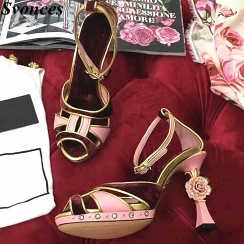 Sandalias Mujer 2019 Genuine Leather Pink Sandals Flower Embellished Heels Women Summer Sandals Platform High Heels Velvet Shoes