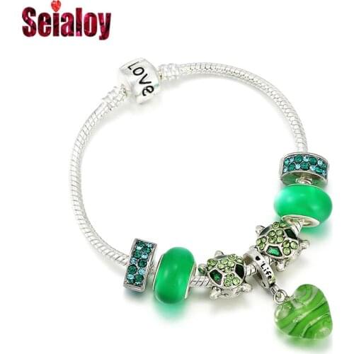 Seialoy Fashion Green Glass Heart Charm Bracelets For Women Men Tortoise Crystal Beads Love Charm Bracelet Boy Girl Kids Gifts