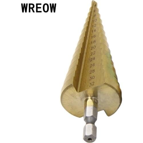 WREOW 4-32mm HSS Titanium Hex Shank Step Cone Drill Bit Wood Metal Core Cone Drills Step Titanium Cone Drill Bit Hole Saw Cutter