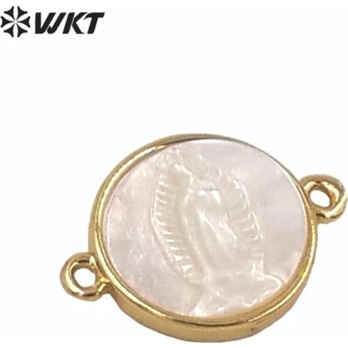 WT-MP169 Wholesale gold bezel MOP Jesus mother virgin mary pendant gold bezel double loops MOP shell Mary connectors pendant
