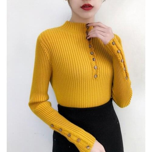 Fashion 2019 New Spring Autumn Women Sweater Knitted Long Sleeve O-Neck Sexy Slim Office Lady Button Casual Sweaters Tops DMF013