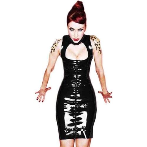 Womens Clothing Sexy Hollow Out Black Vinyl Leather Dress Vestido Punk Rock Bodycon Turtleneck Party Dress Nightclub Dress Robe