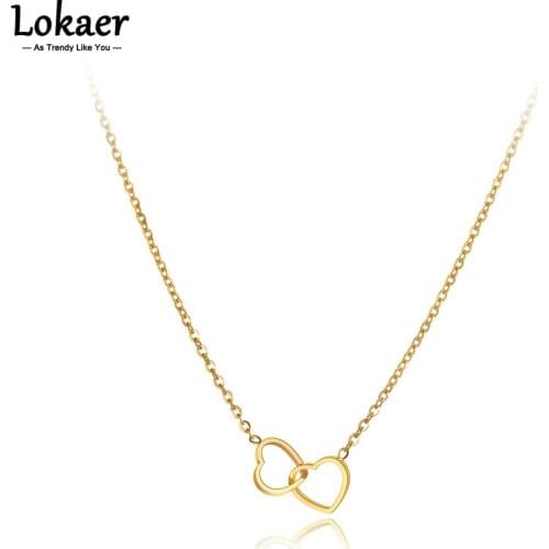Lokaer Romantic Titanium Stainless Steel Double Heart Choker Necklaces Jewelry Fashion Chain Pendant Necklace For Women N21143