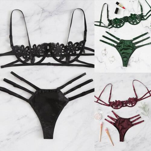 Women Sexy Lingerie Lace Satin Hollow out Floral Sheer Lace Tops Bra Thong Underwear Set
