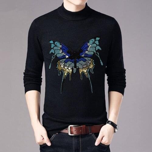 Winter Mens Turtleneck Sweater Harajuku Heavy Craftsmanship Rhinestone Design Wool Party Street Knitwar Pullover Slim All-Match