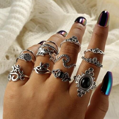 13pcs/Set Vintage Retro Carving Antique silver Color With Black big Stone Rings Sets for Women Fashion Midi Rings Jewelry