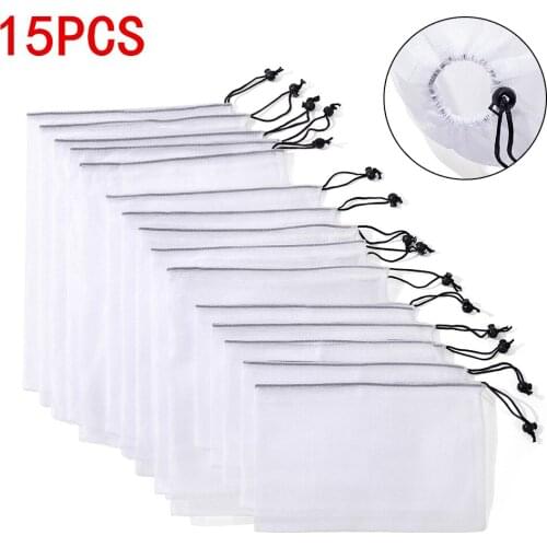 15pcs Reusable Mesh Bag eco friendly Washable Fruit and Vegetable Produce Mesh Bag Drawstring bag Shopping bag and Storage bag
