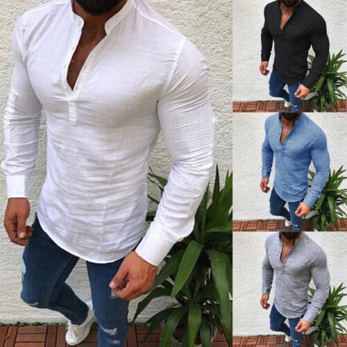 2019 New Style Fashion Hot Mens Solid Summer Cotton Linen Long Sleeve Yoga Shirt Tops Casual Loose V Neck Button