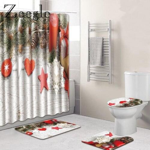 4pcs Christmas Home Decor Bath Mat and Shower Curtain Set U-Shaped Toilet Mat Anti-slip Bathroom Shower Room Floor Mat Bath Rug