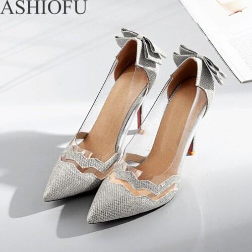 ASHIOFU New Ladies High Heel Pumps PVC Leather Patchwork Party Prom Dress Shoes Butterfly Fashion Evening Court Shoes