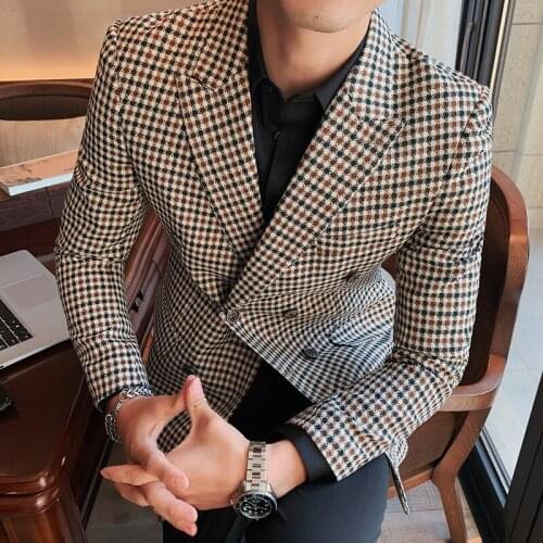 British Style Double-breasted Men Blazers Slim Wedding Business Casual Suit Jacket Houndstooth Street Wear Social Dress Coat